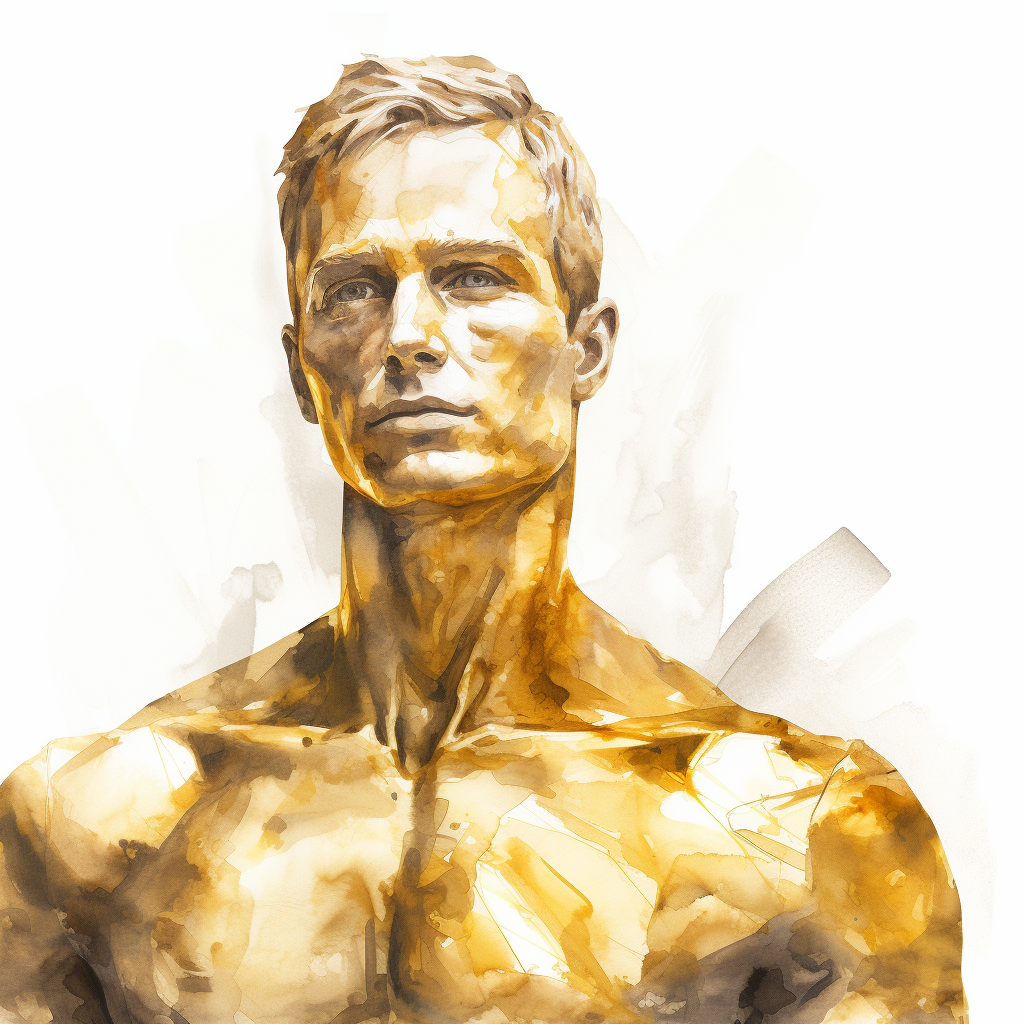 Golden man statue in watercolour illustration style