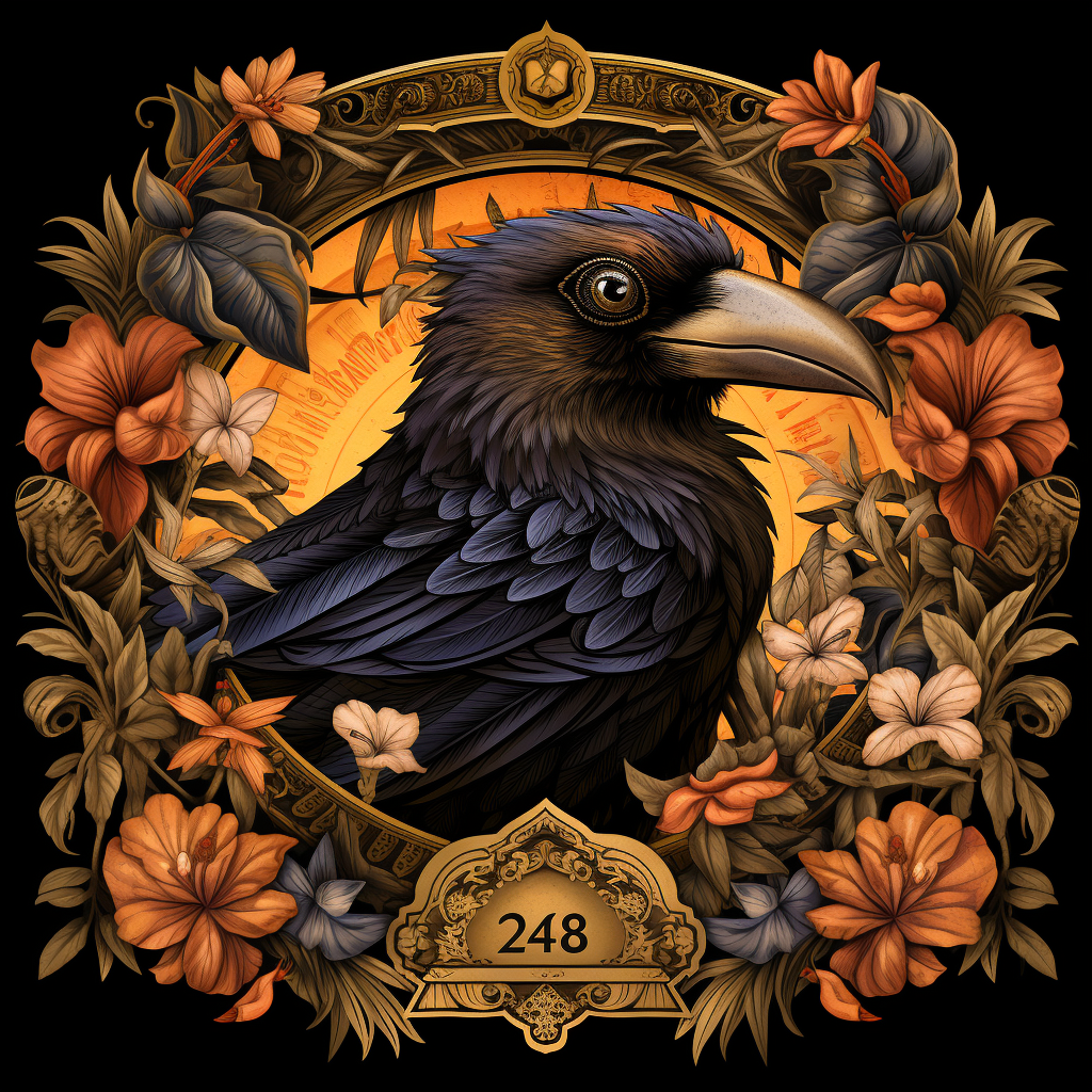 Golden medallion with number 25, black raven, tropical flowers