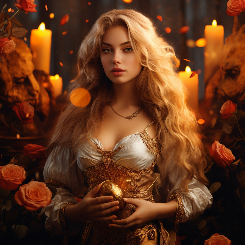 Golden Norse Witch with Hair, Roses, Chocolates