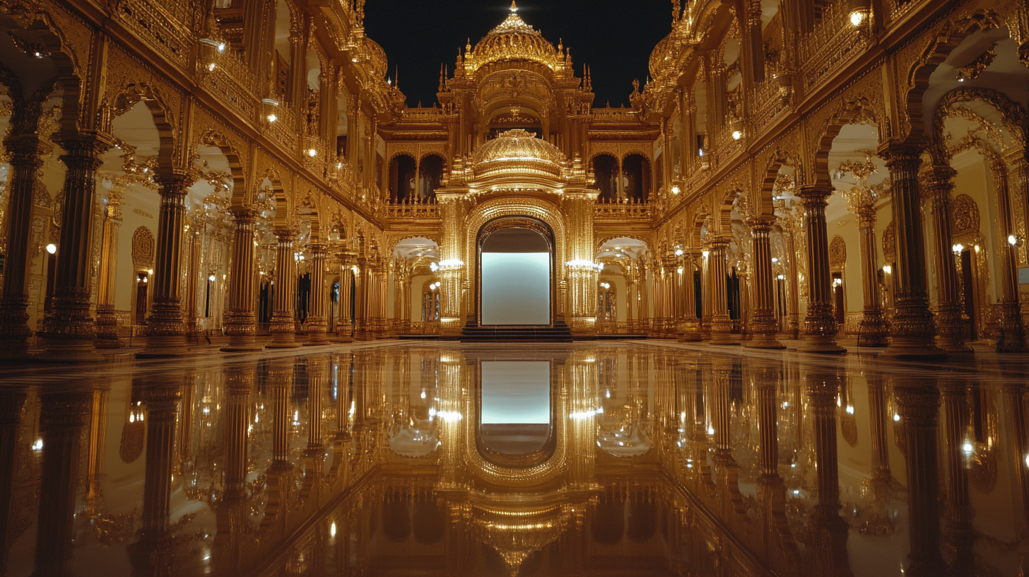 golden palace interior with rectangle mirror at night