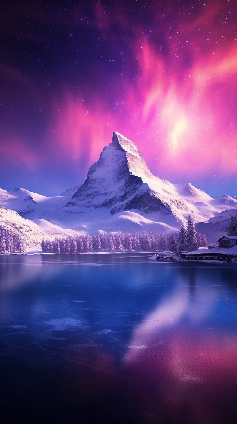 Pink aurora in white snow mountains