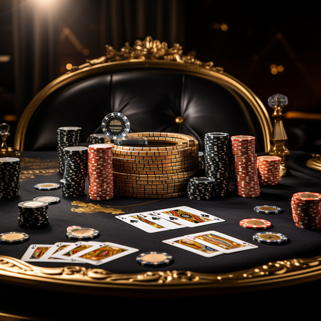 Golden poker table with black cards and chips