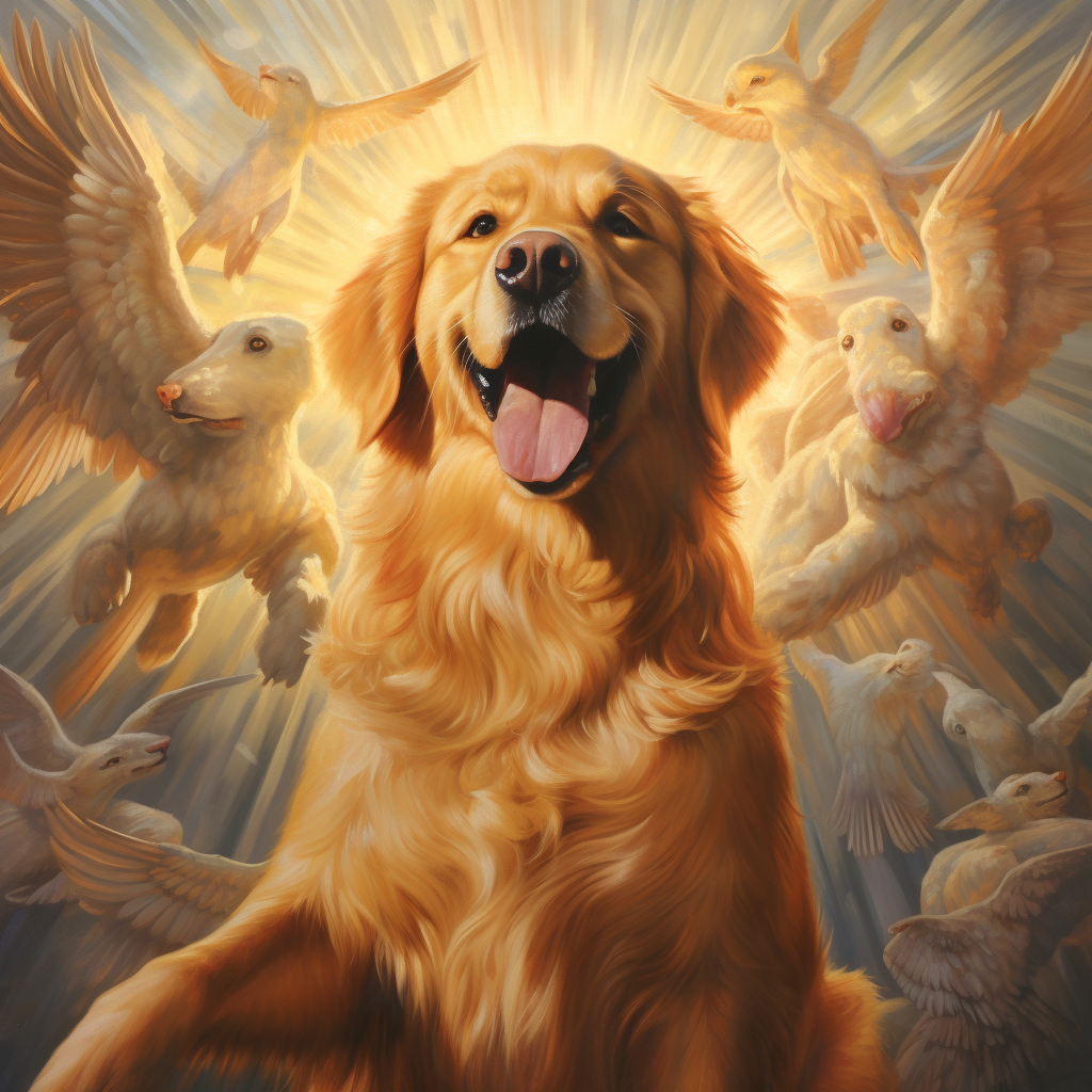 Golden Retriever in Heaven with Angels and Energy