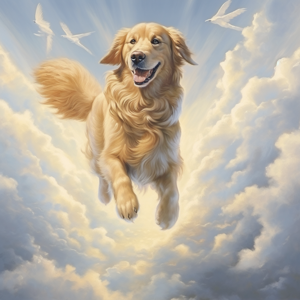 Playful golden retriever in heavenly setting