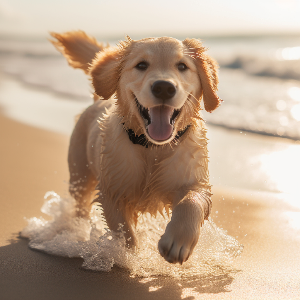 Energetic golden retriever puppy playing at the beach