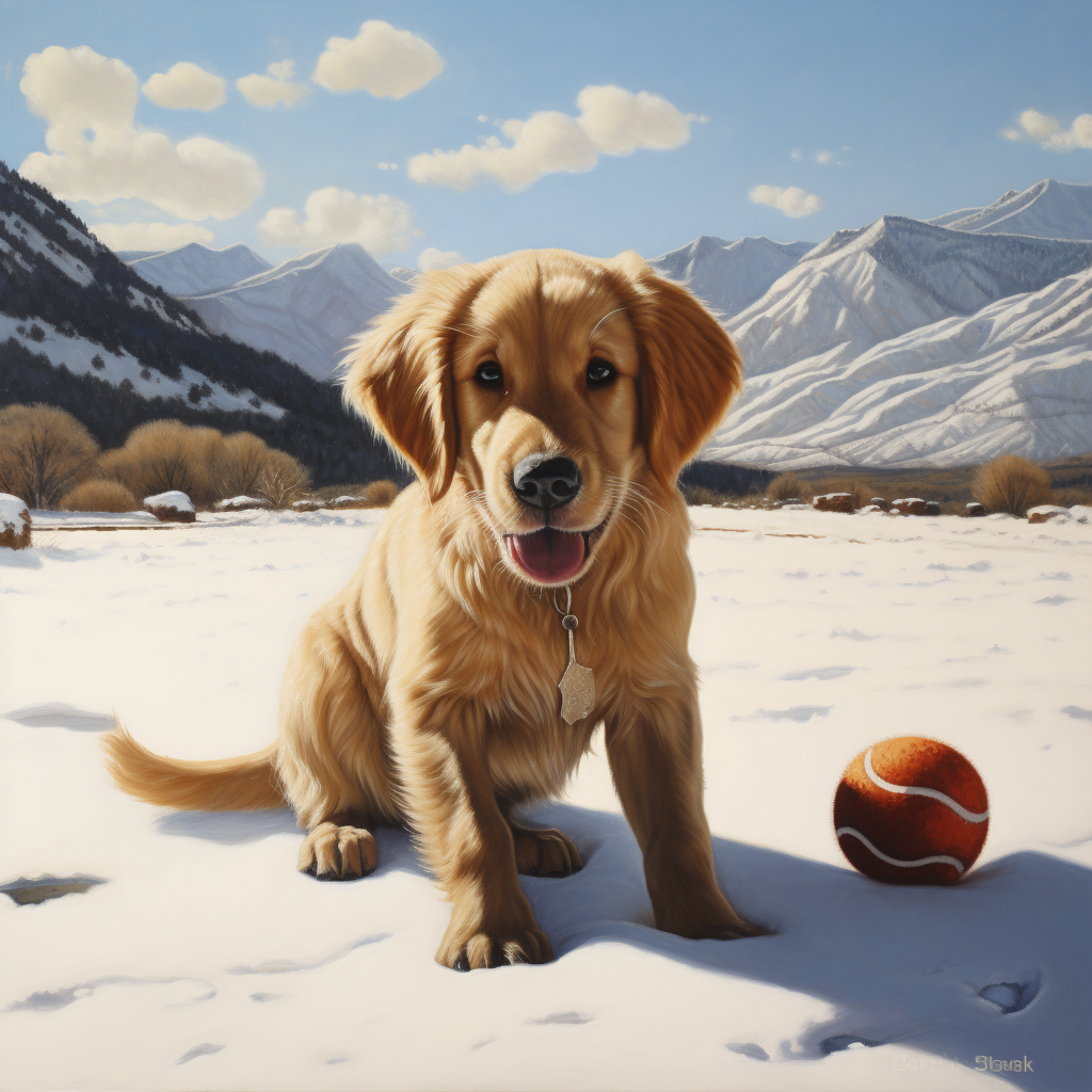 Golden Retriever Puppy playing with tennis ball in snow