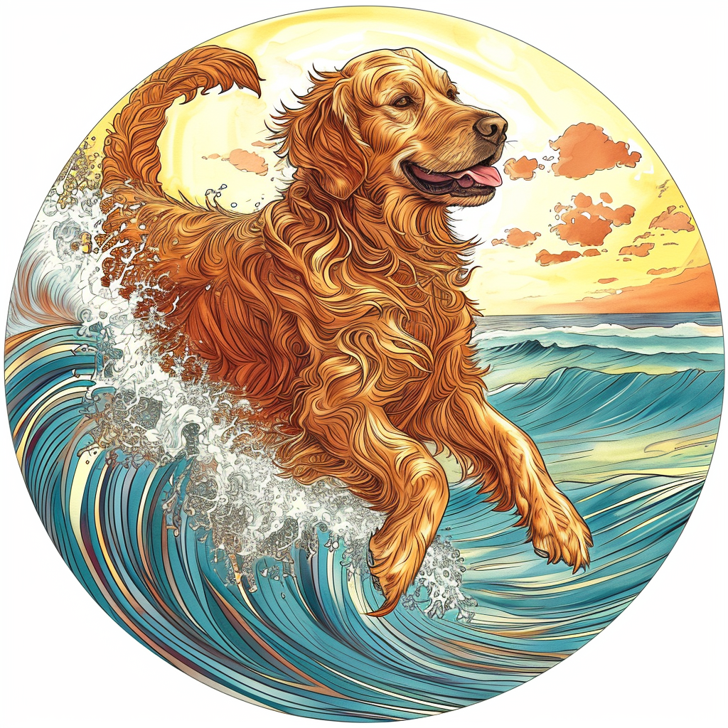 Golden Retriever Surfing in Colored Pencil Style