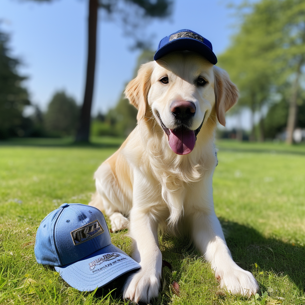 Excited Golden Retriever Wearing White Sneakers & Cap