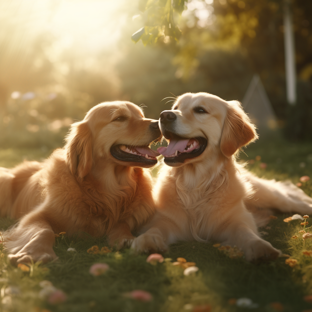 Two Golden Retrievers sharing an affectionate moment