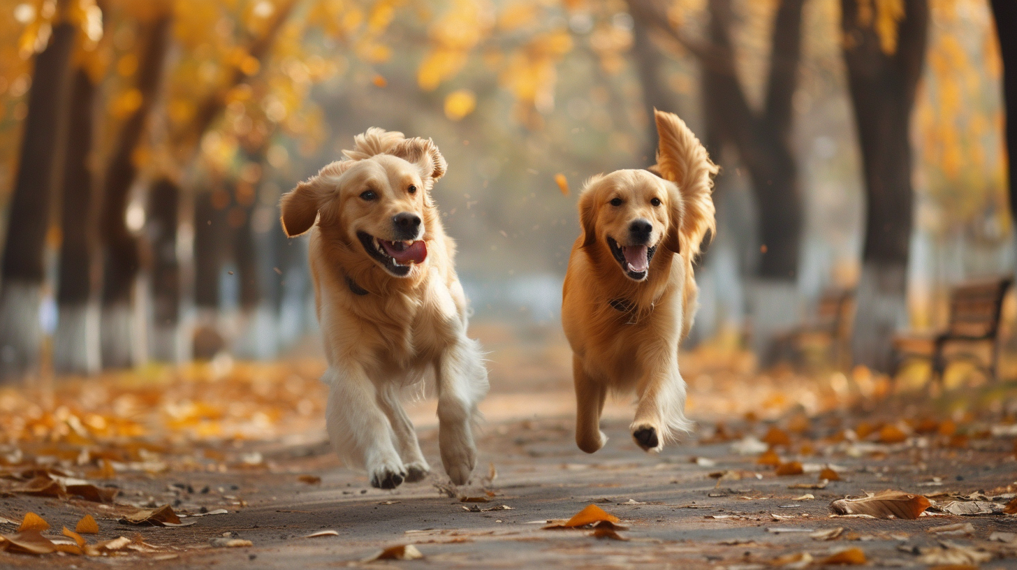 Two Golden Retrievers Running in Park