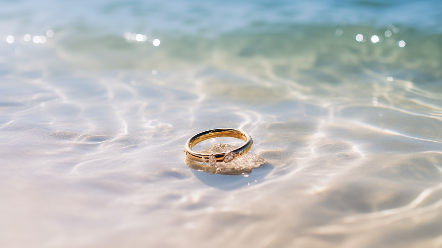 Golden Ring on White Sand and Transparent Water