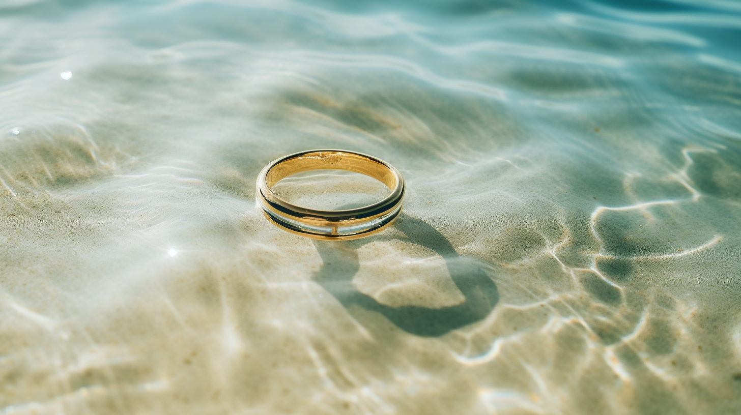 Golden ring on white sand and transparent water