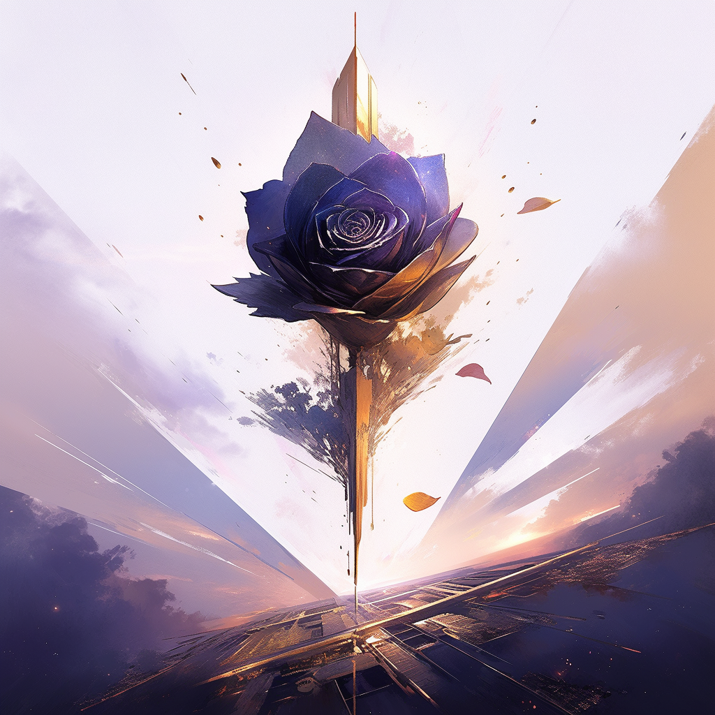 Golden rose with purple leaf in sci-fi abstract