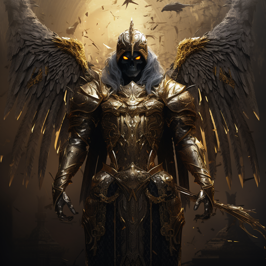 Dark Angel with Golden Skull Head and Black Armor in Underworld