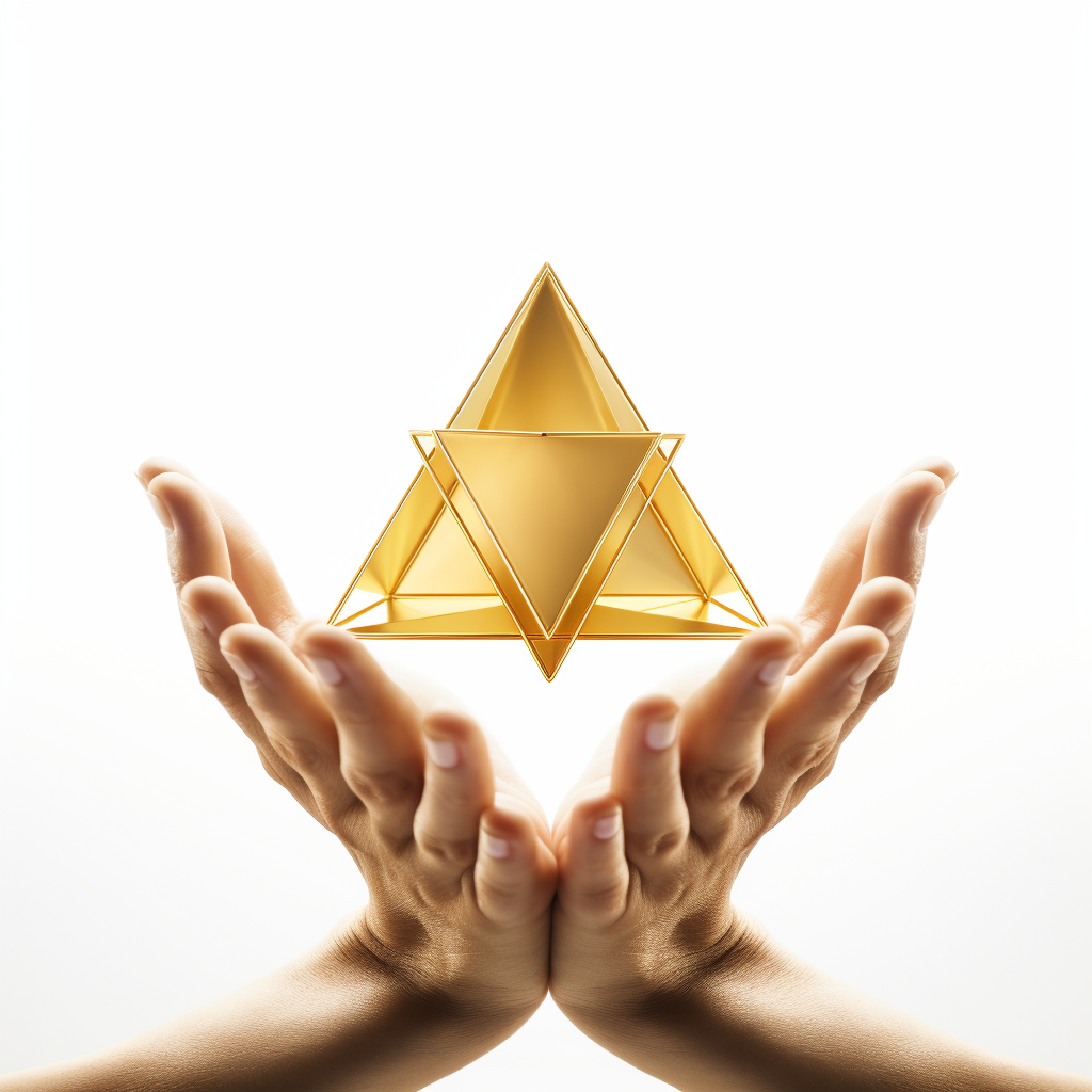 Minimalist golden tetrahedron merkaba shape above palm