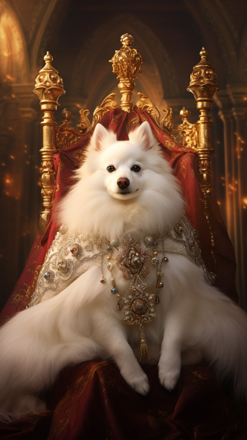 White Japanese Spitz Dog on Golden Throne