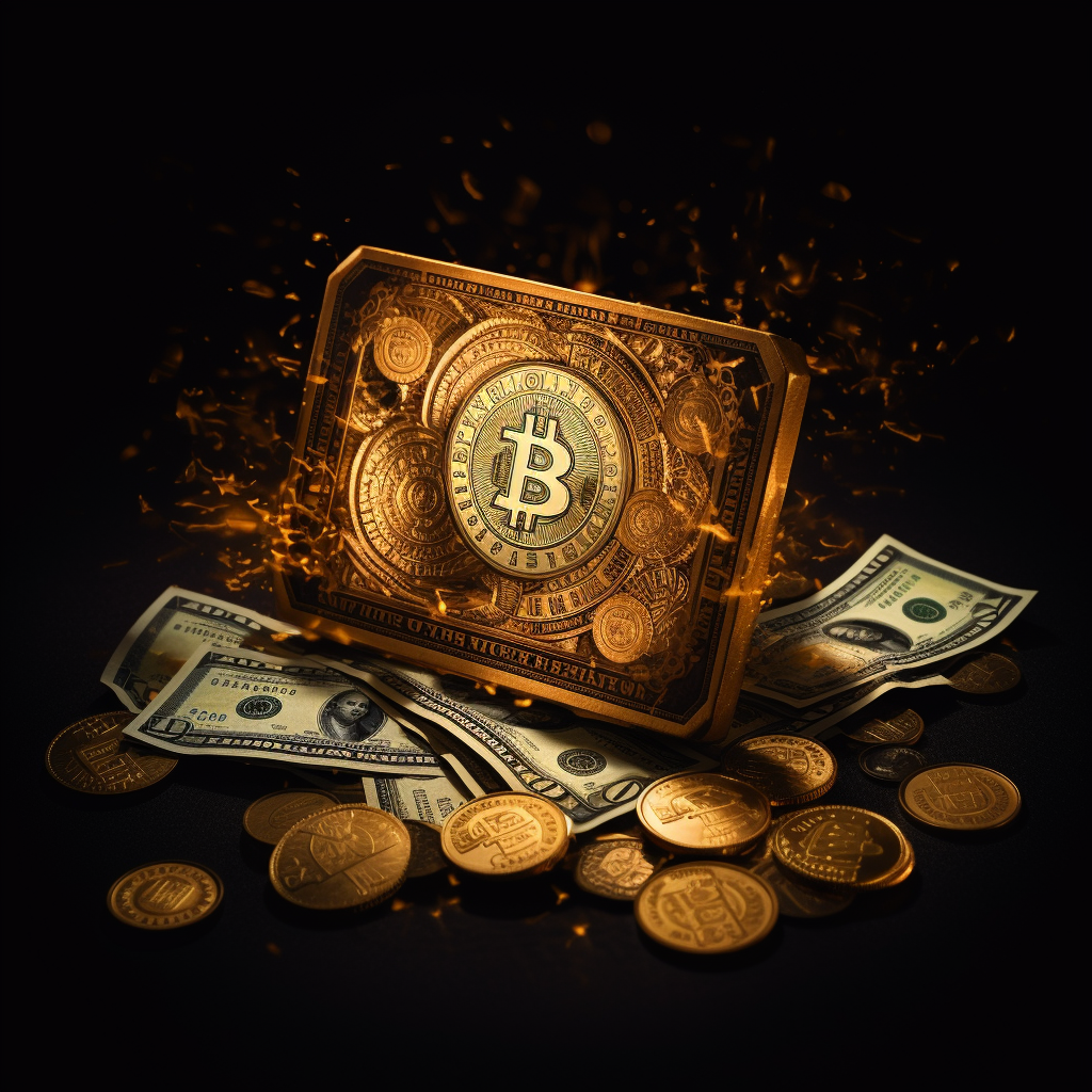 Golden ticket, coin and dollar on black background