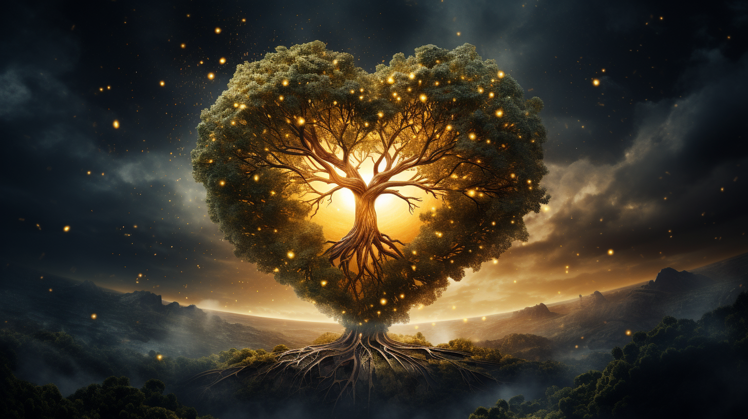 Ancient golden tree shaped like a heart on Earth