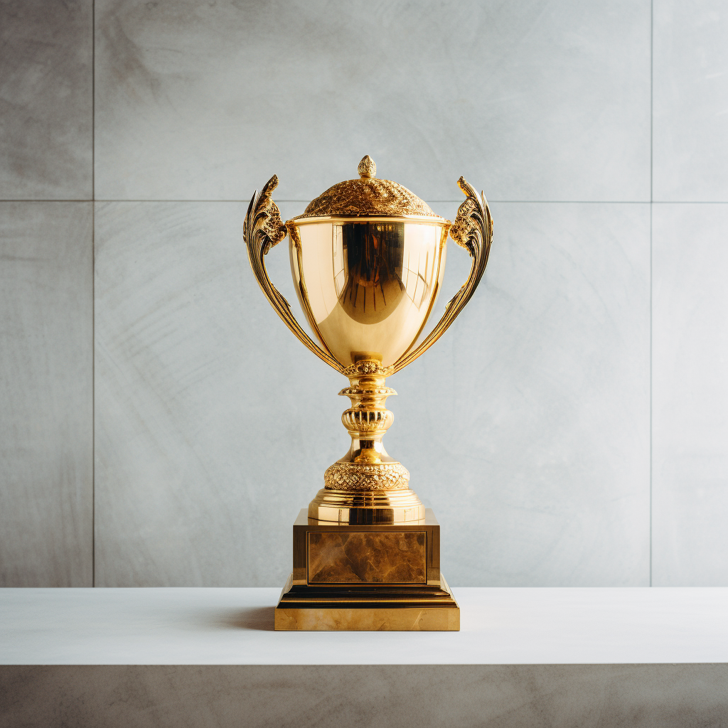 Golden trophy on white table