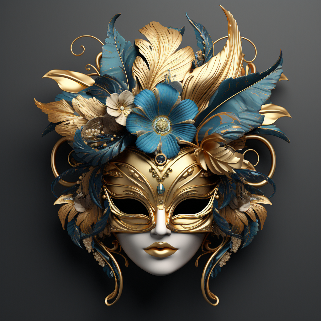 Beautiful golden Venetian mask with feathers and flowers