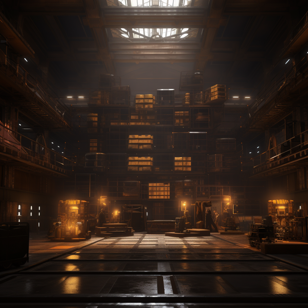 Mesmerizing black atmosphere in golden warehouse cinematics