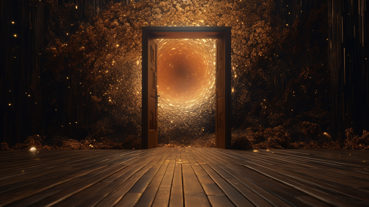 Golden wooden fairytale door surrounded by the universe