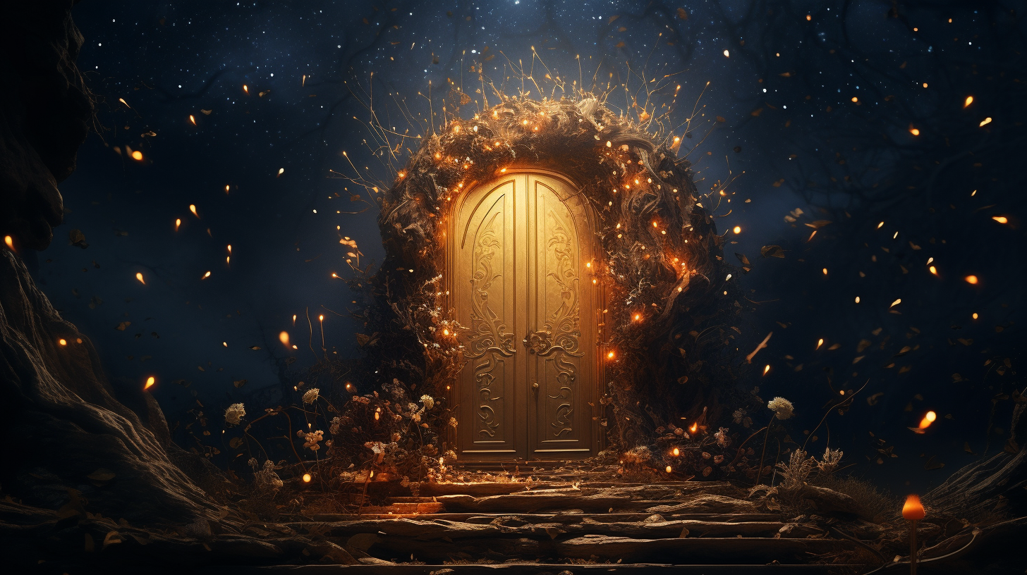 Golden wooden fairytale door in the universe