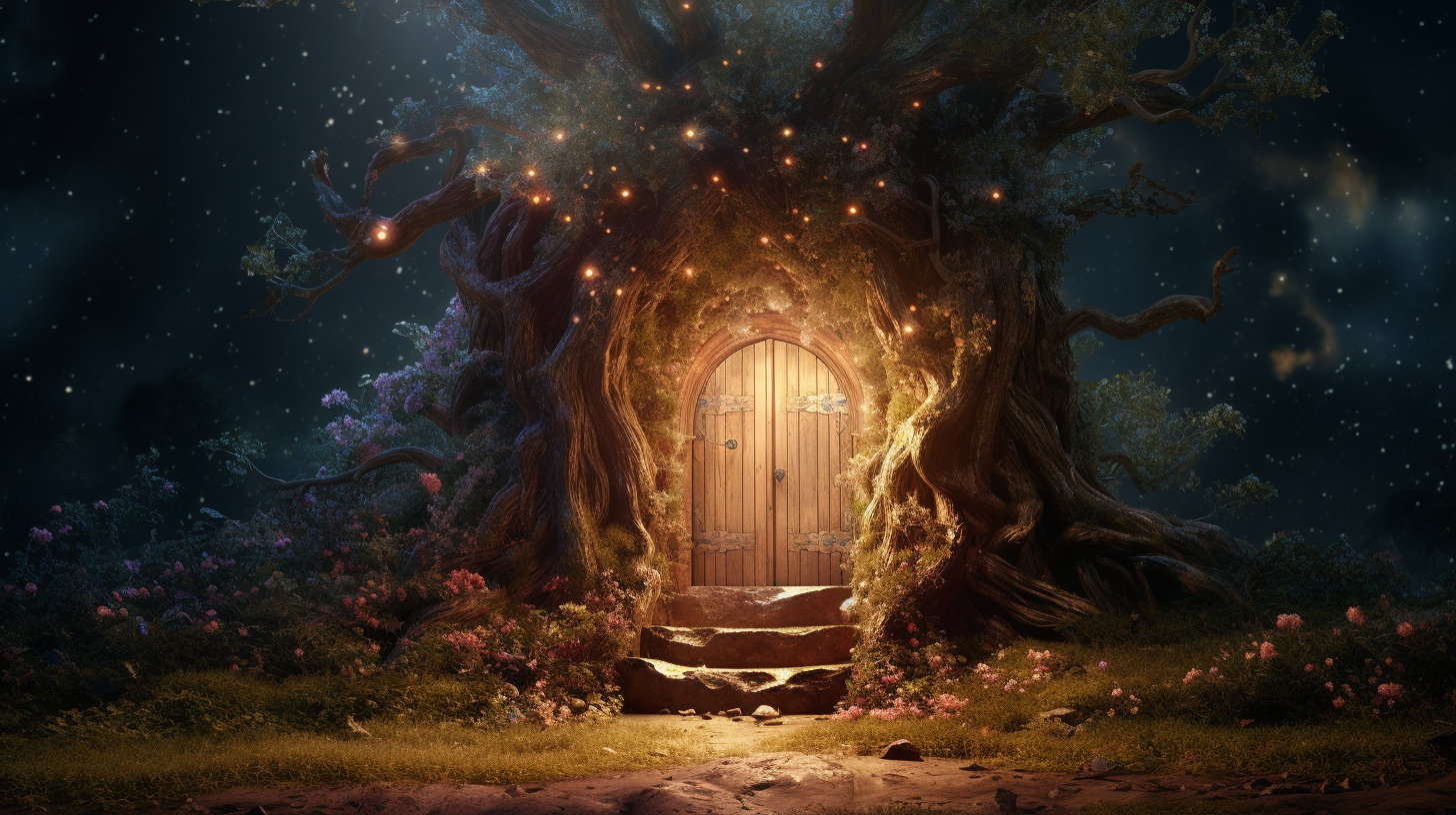 Golden wooden fairytale door in infinite universe