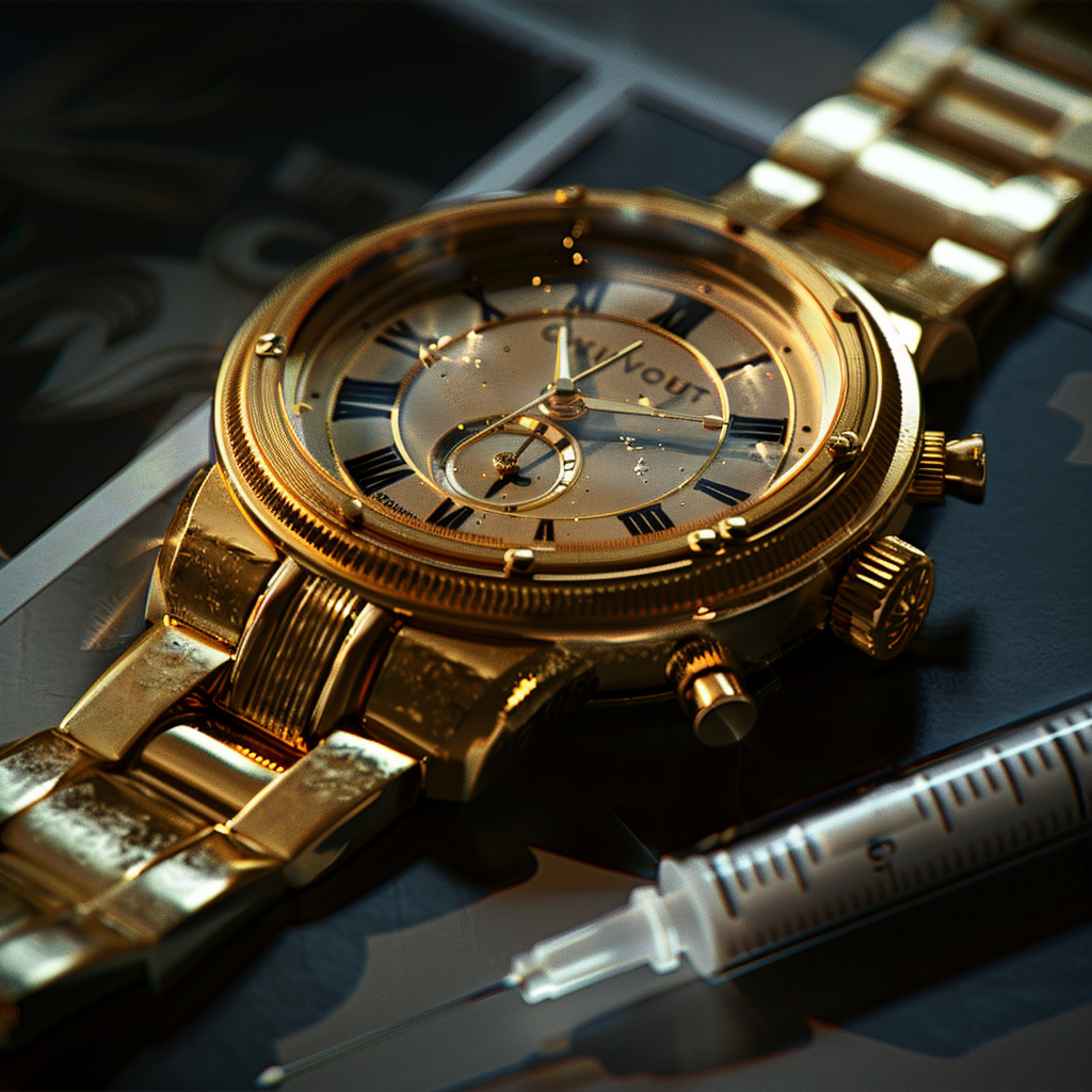 golden wrist watch with hypodermic needle under clock face