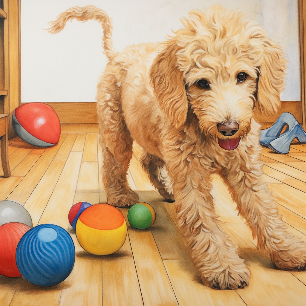 3-year-old golden doodle playing with toy