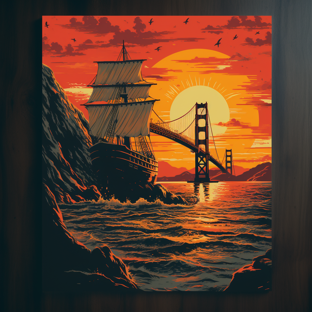 Haunting pirate ship arriving at Golden Gate Bridge