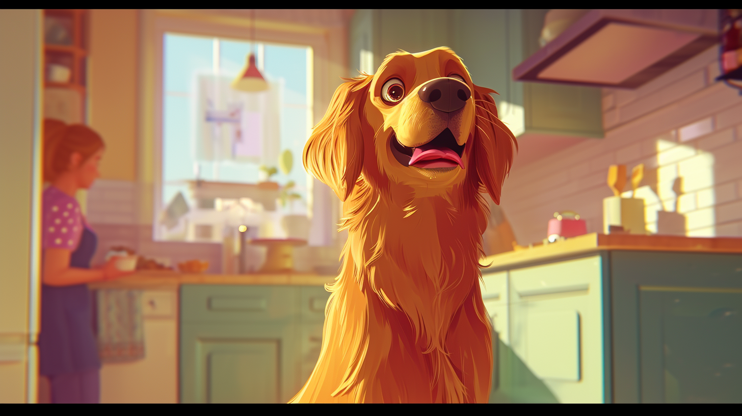 Golden Retriever Drooling in Cozy Kitchen