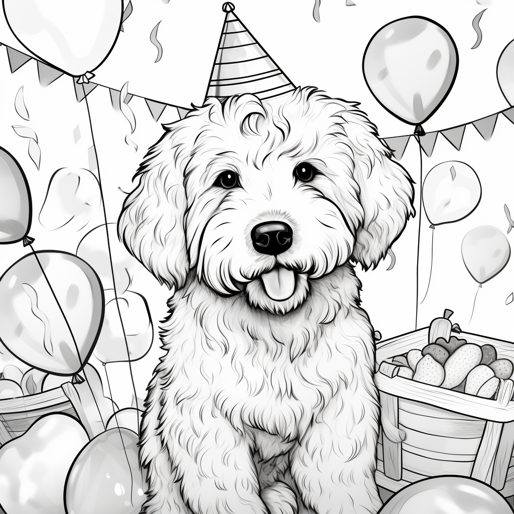 Goldendoodle birthday coloring page for kids