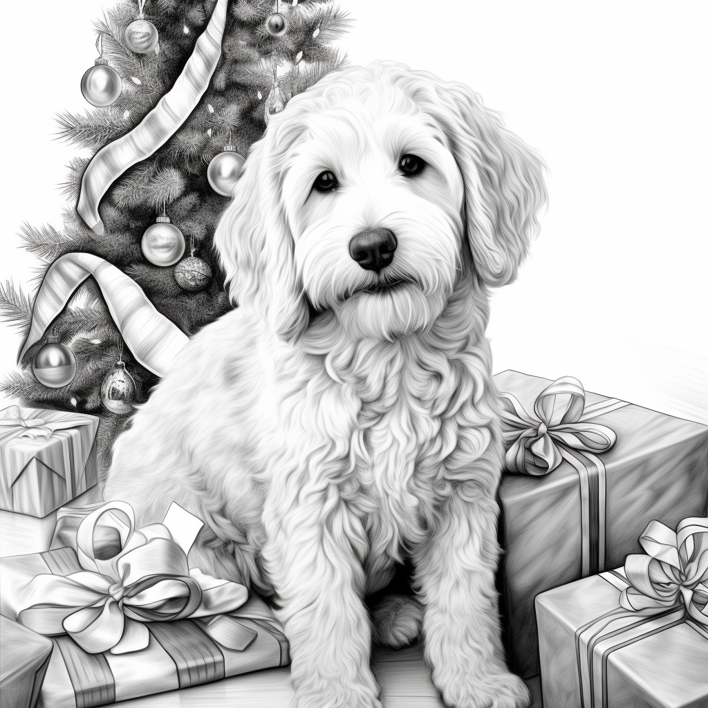 Black and white coloring page of a goldendoodle on Christmas Day