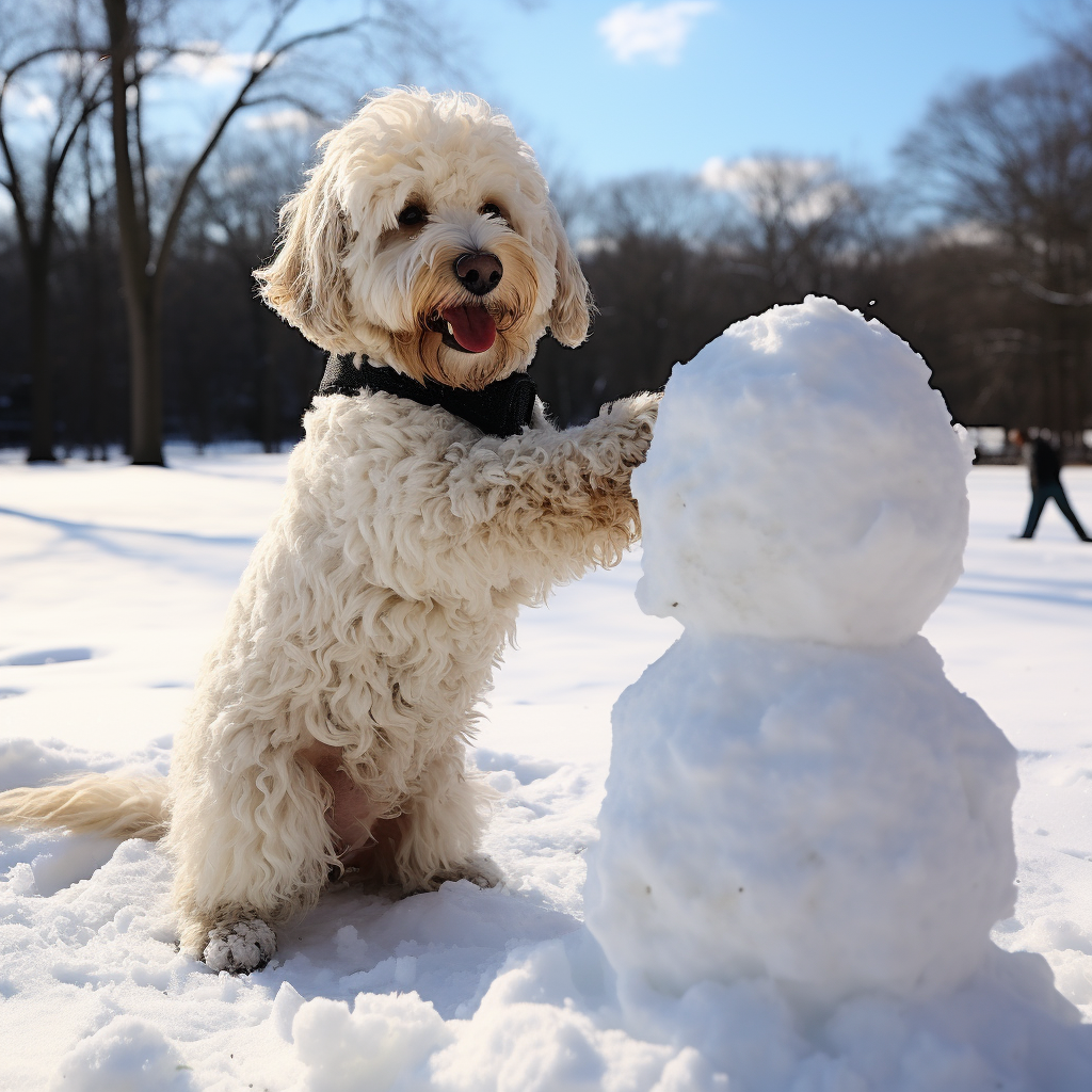 Cute goldendoodle building snowman