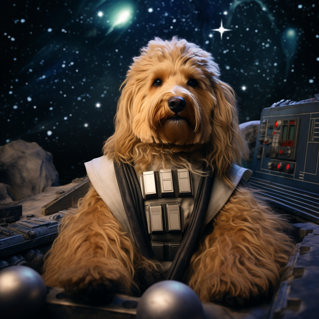 Cute goldendoodle in Star Wars Christmas costume