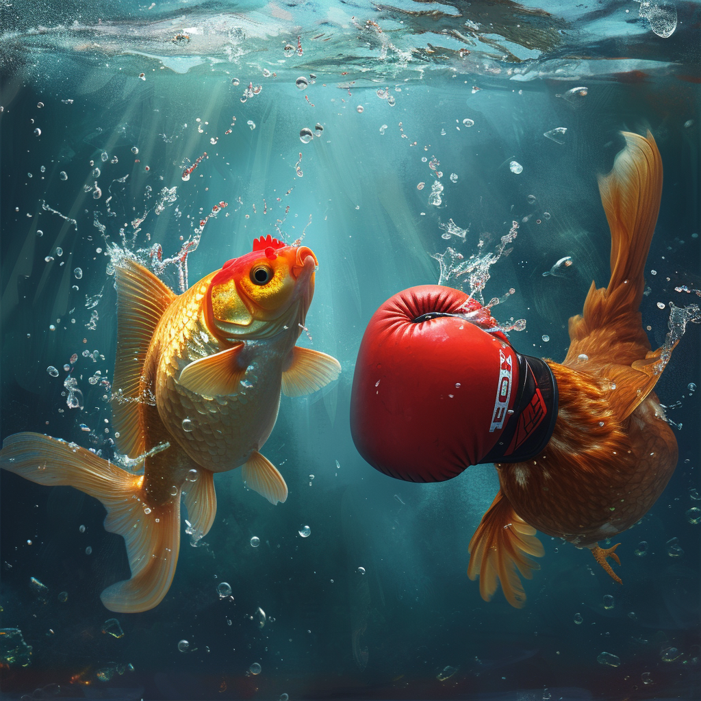 Goldfish shark boxing against chicken with gloves