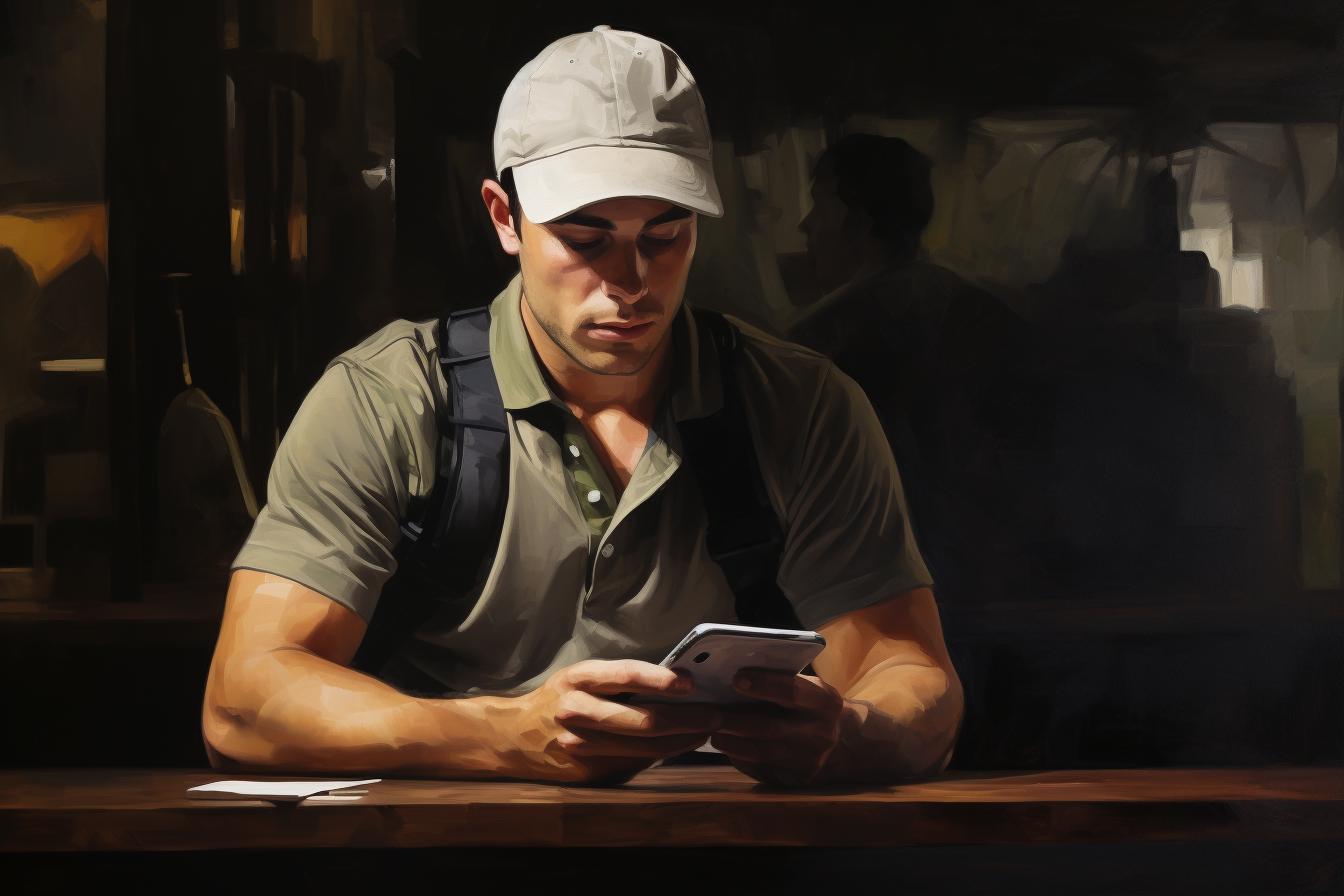 Golf player with mobile phone at cafe