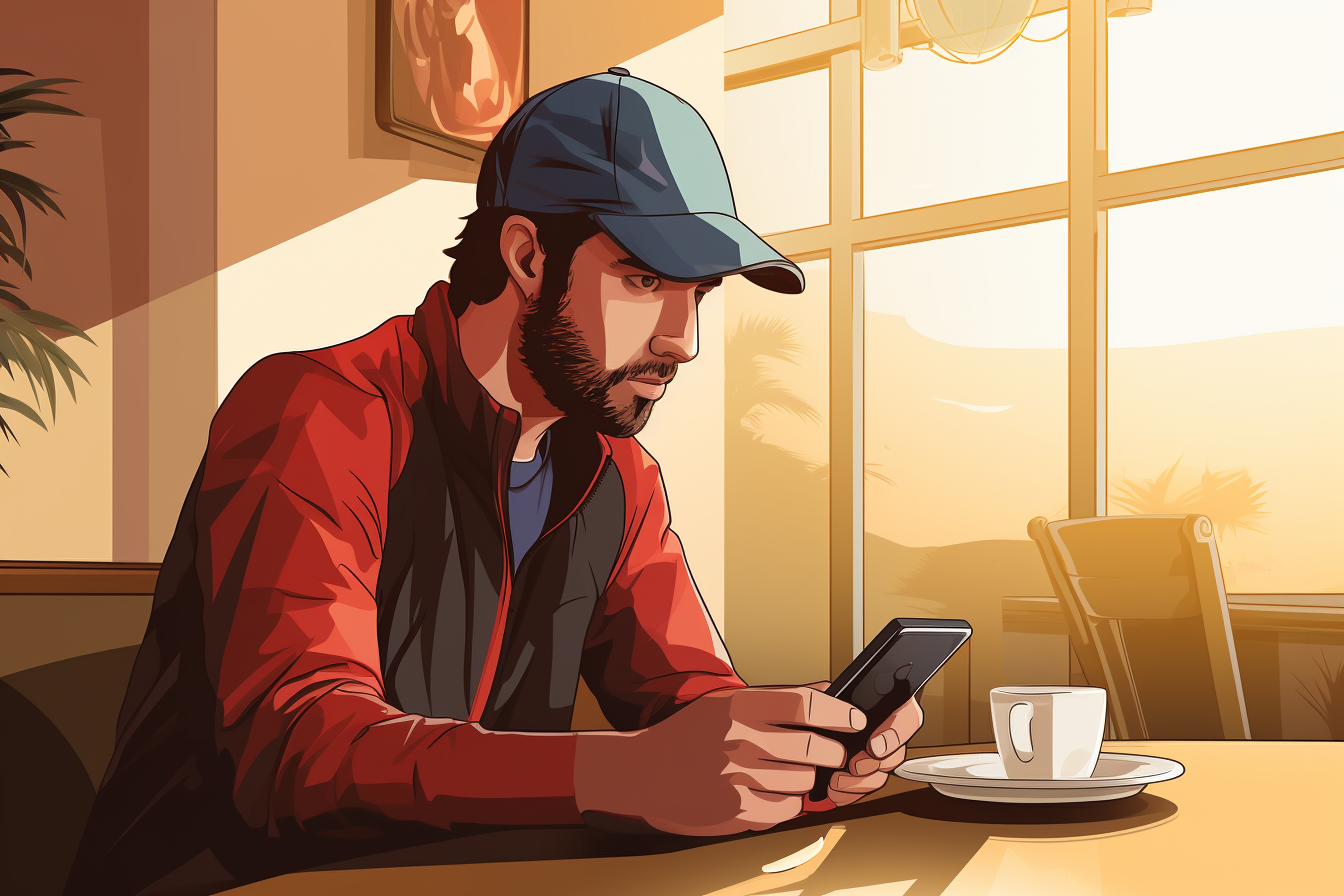 Golfer sitting in cafe using mobile