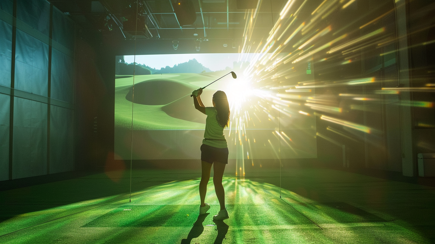 Female golfer in front of simulator