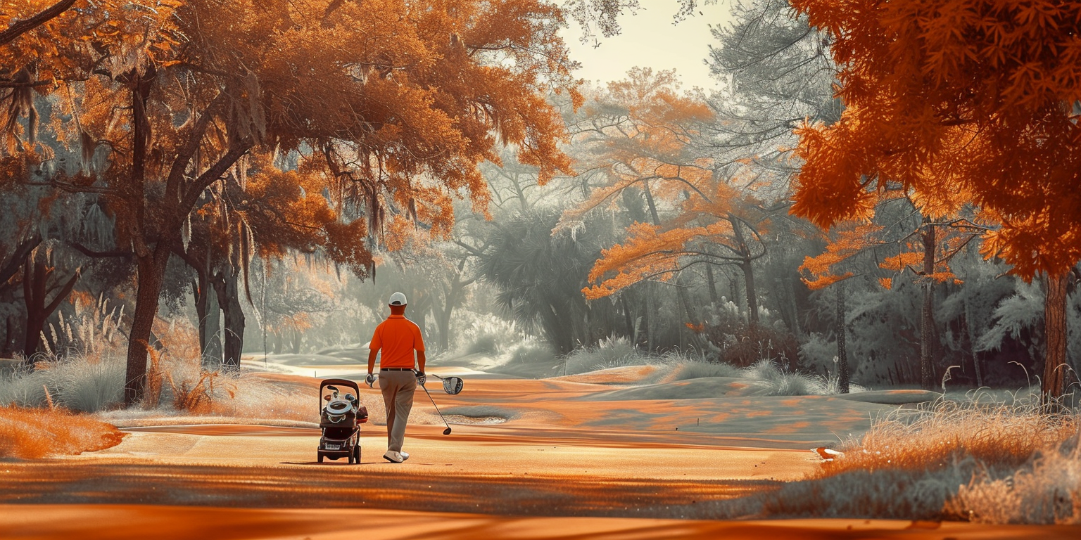 Golfer with Bag Cart Orange