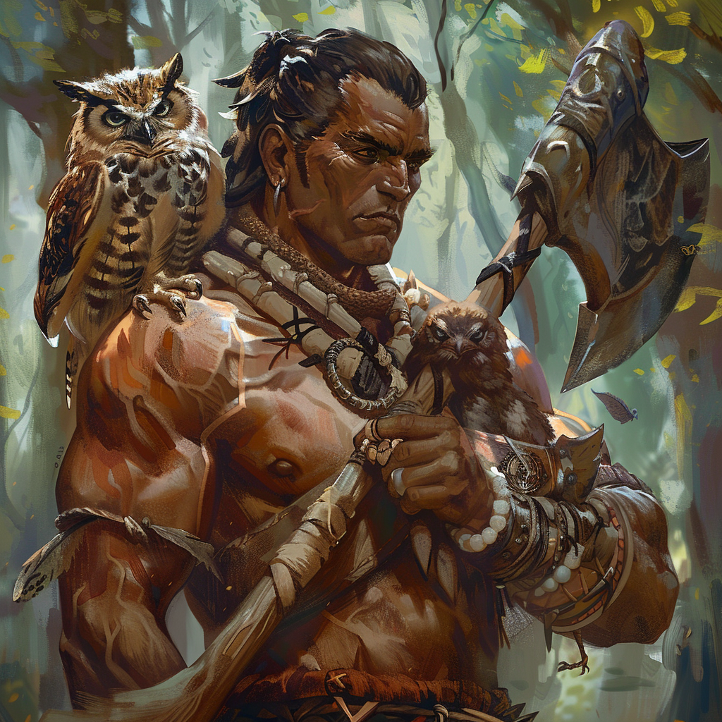 Goliath hunter with baby owl in forest