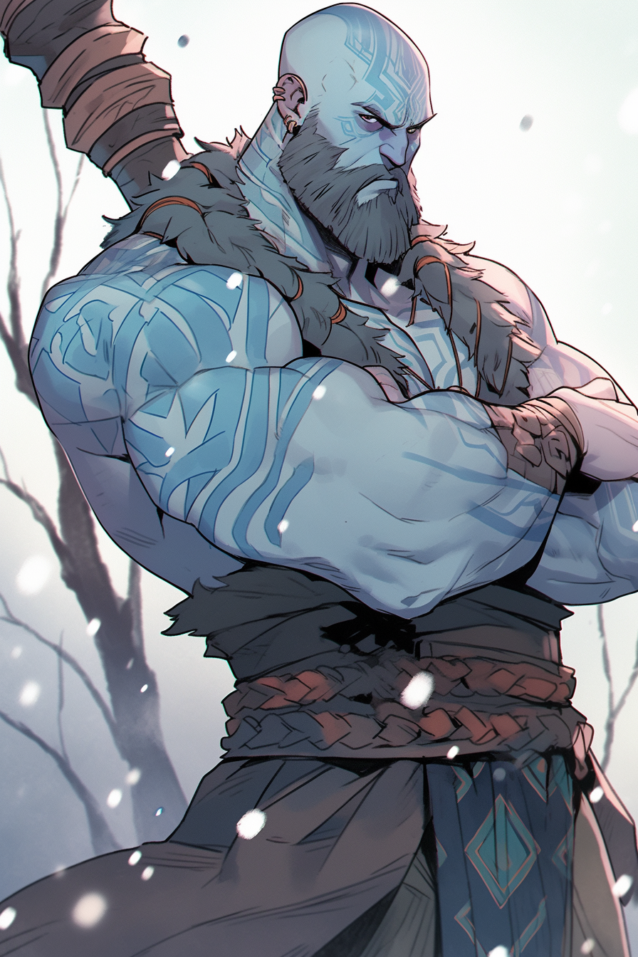 Muscular Goliath barbarian with striking tattoos