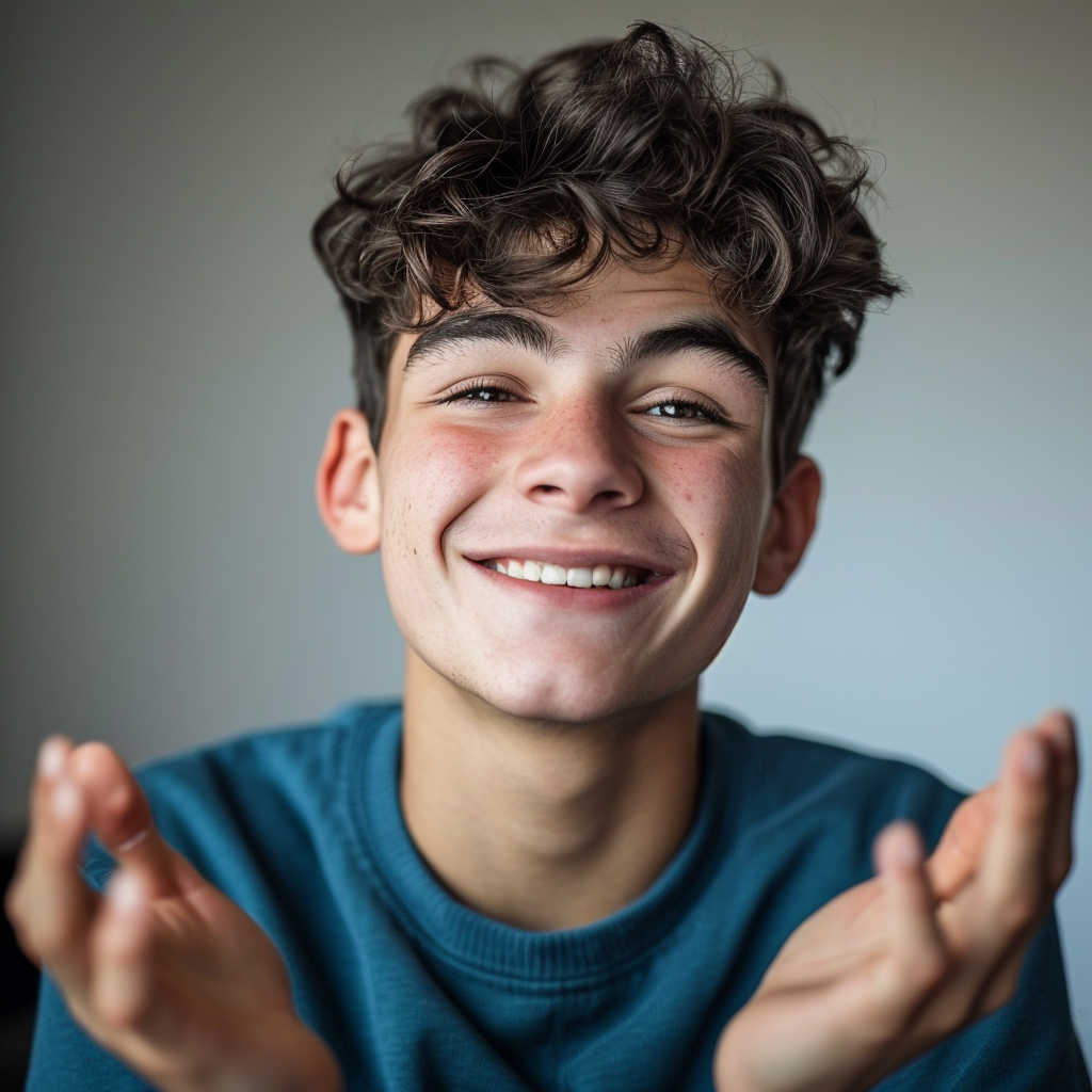 Good Looking Young Man Smiling and Shrugging Shoulders