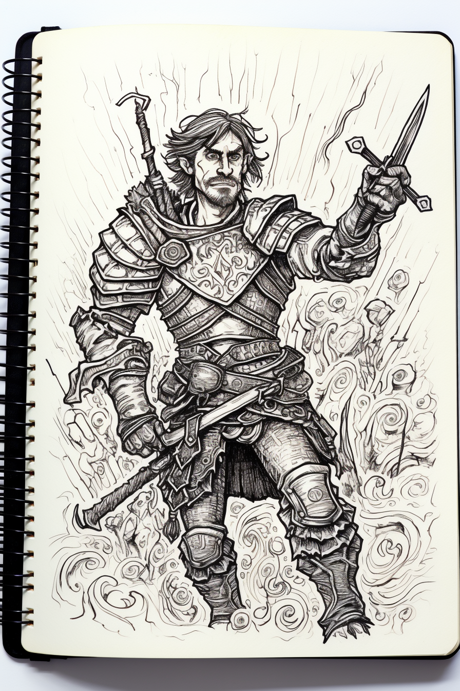 Humorous fantasy warrior holding sword high