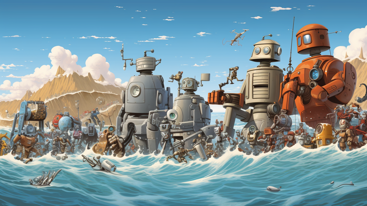 Humorous cartoon wave made of goofy robots