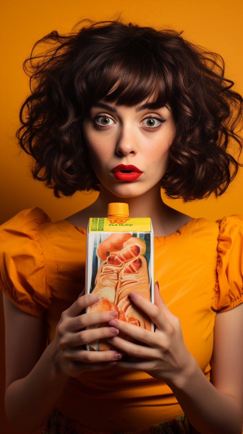 Woman with Bewildered Eyes and Orange Juice Carton