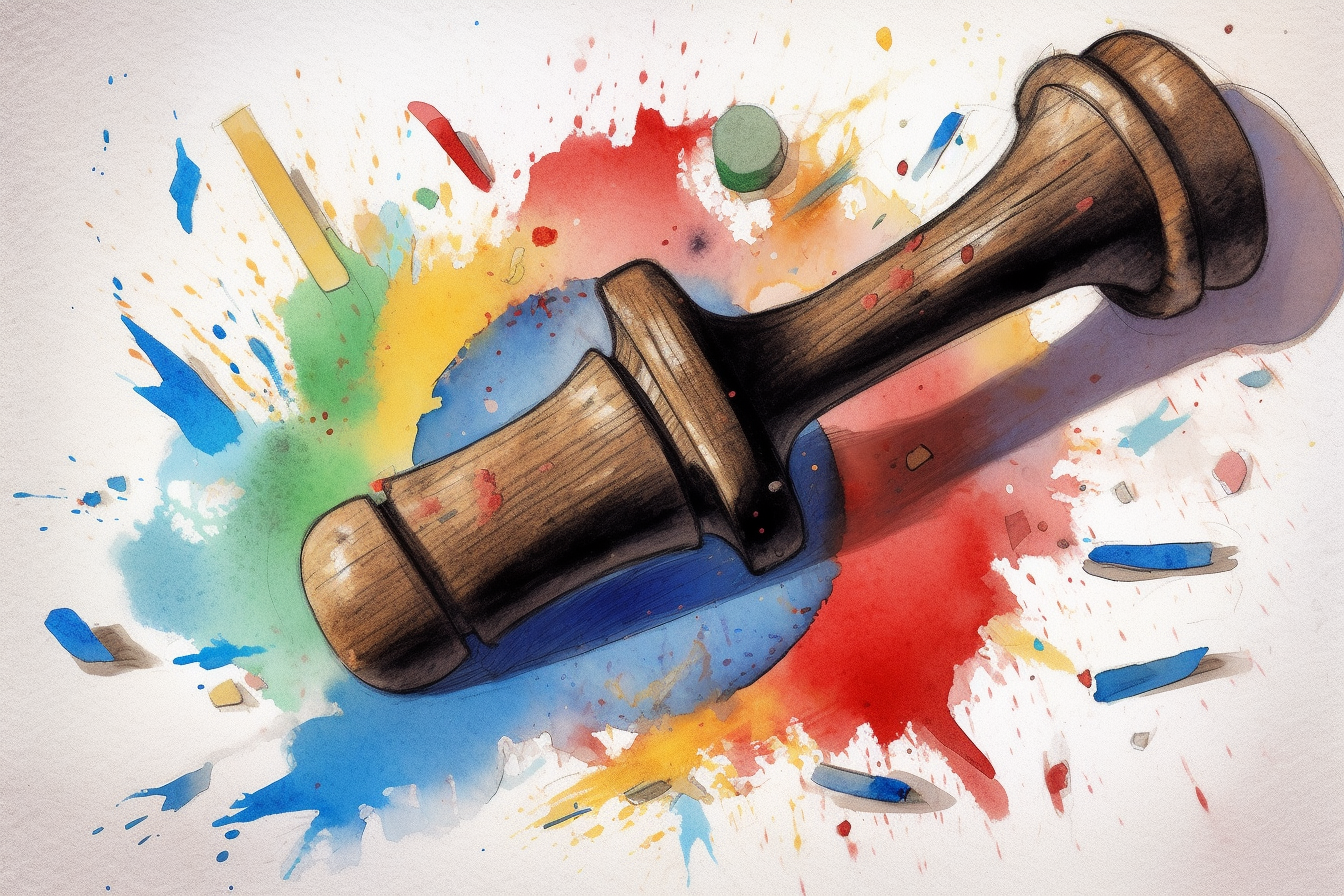 Illustration of a gavel smashing the Google logo