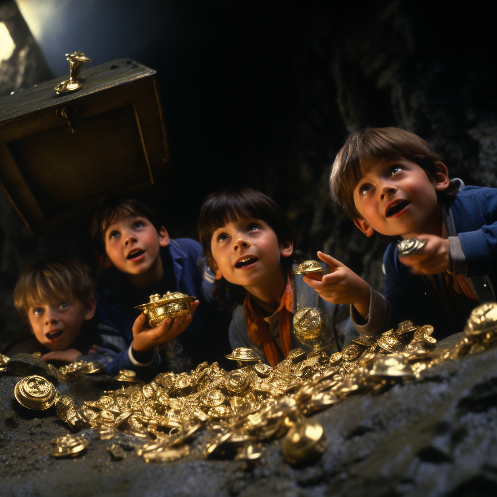 Kids finding a hidden treasure in a cave