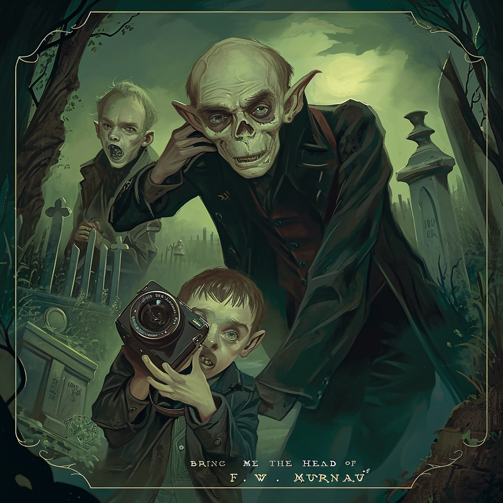 Goosebumps Book Cover - Nosferatu holding skull and hipster boy with camera